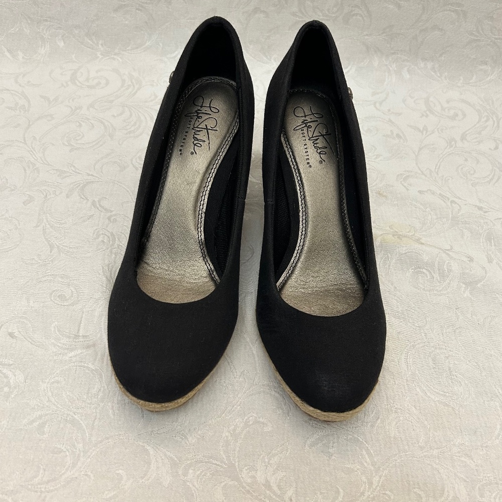 LifeStride Clementine wedge in black canvas w/cork-patterned heel sz 7.5M